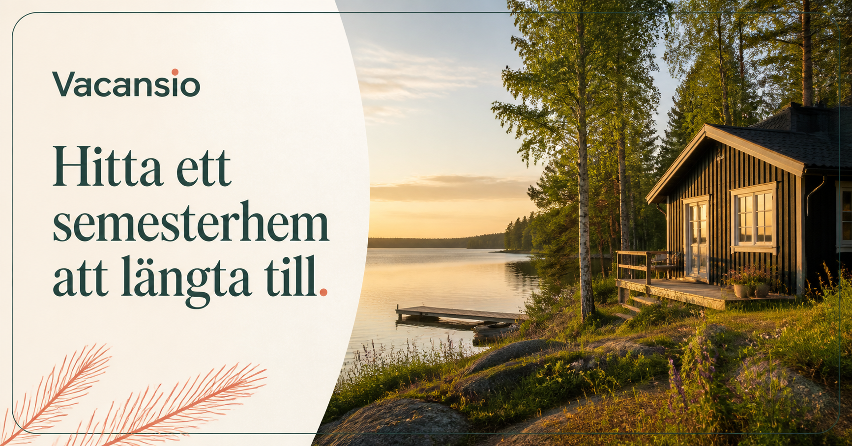 Svensk stuga vid en lugn sjö i varmt kvällsljus